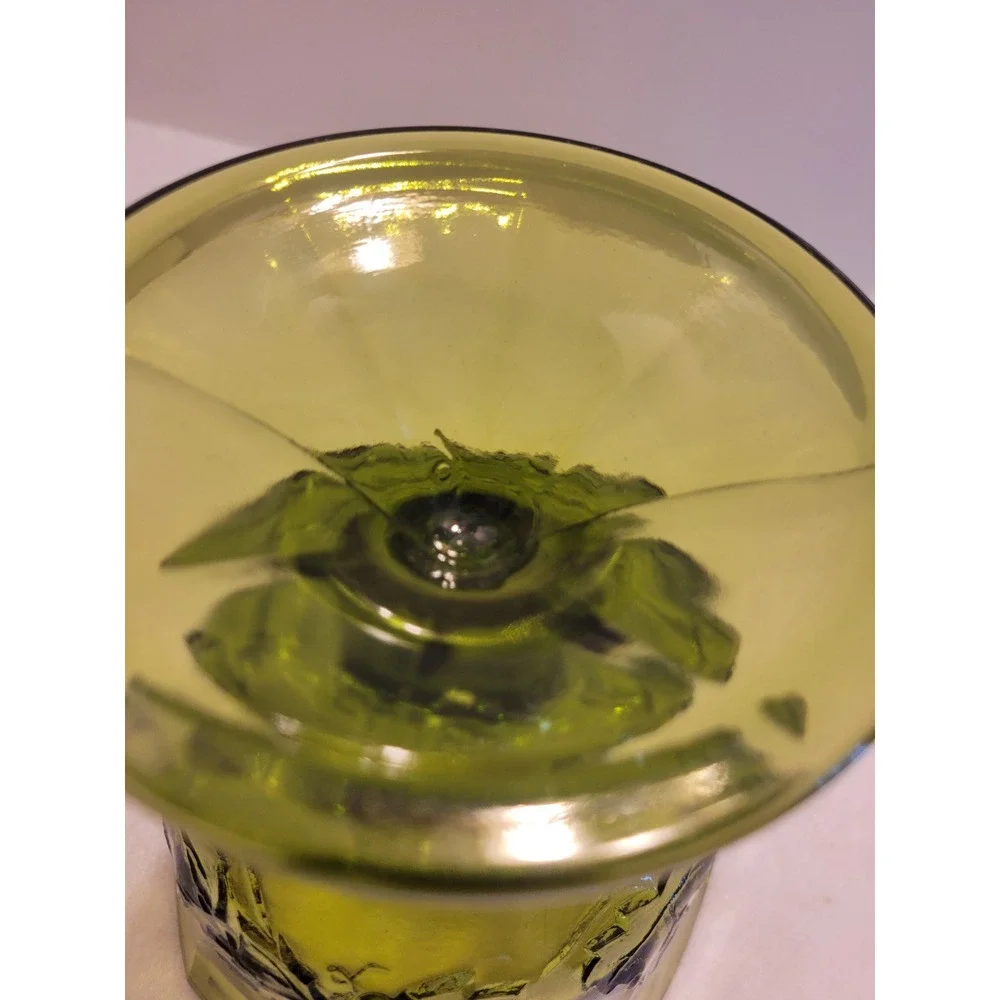Vtg Glass Compote‎ Bowl Olive Green Harvest Grape Embossed Pedestal Dish